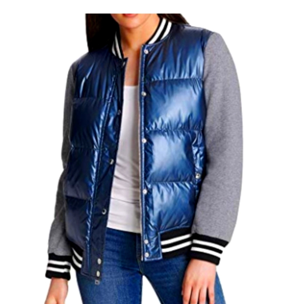 Levi's Women's Mixed Media Quilted Varsity Bomber Jacket Navy Light Grey, Sz XL